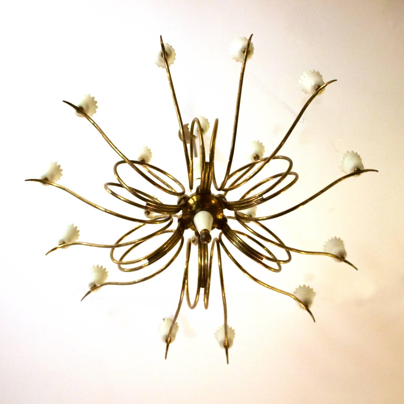 Lacquered Brass Chandelier with Crown-Shaped Details, Mid-20th Century, Italy