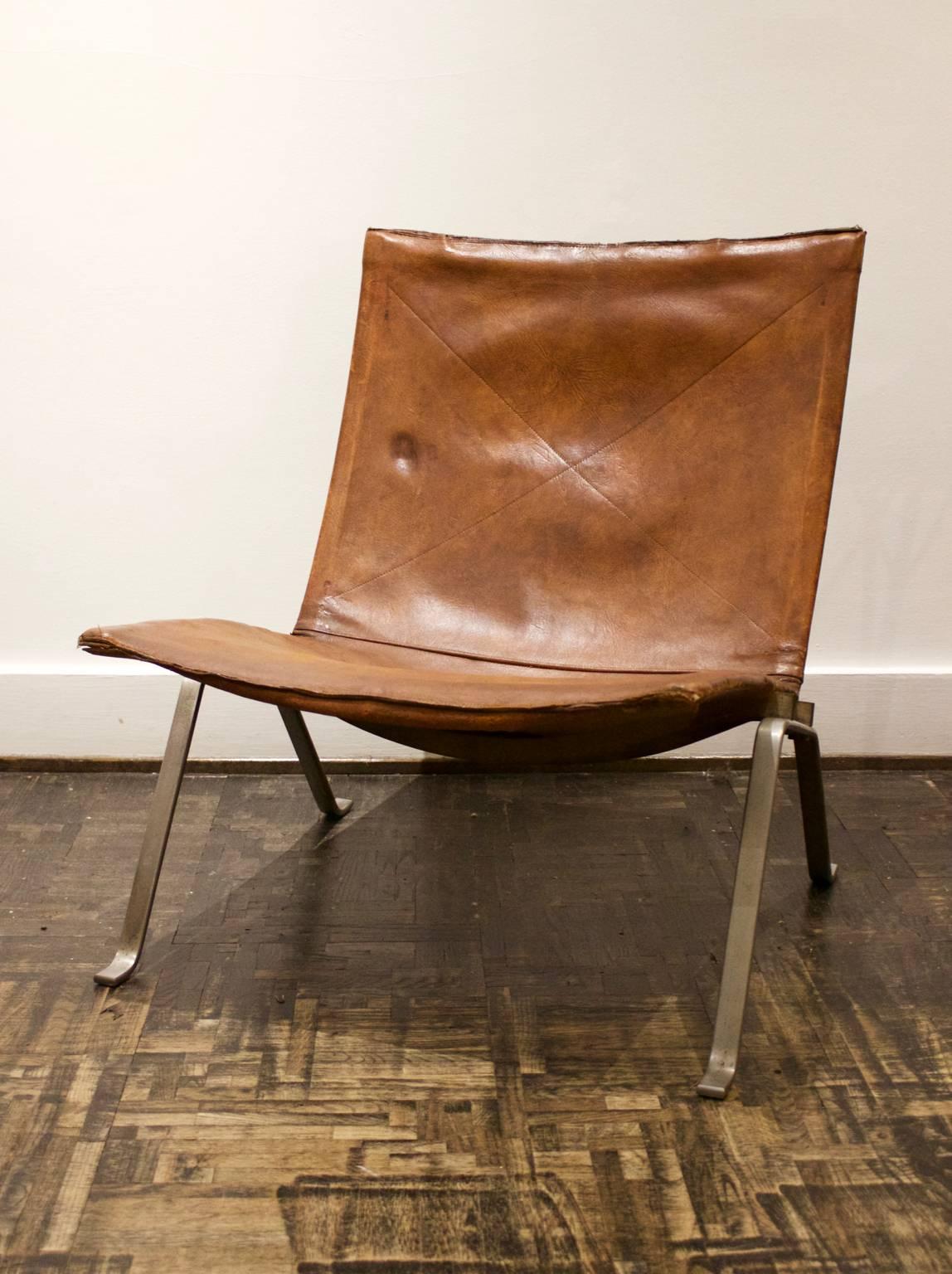 Plated Early PK22 by Poul Kjaerholm with Nickel Frame and Original Tan Leather