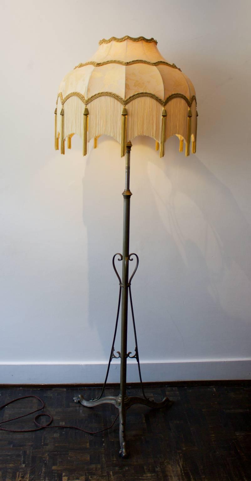 Brass Arts and Crafts Floor Lamp with Fringed Shade