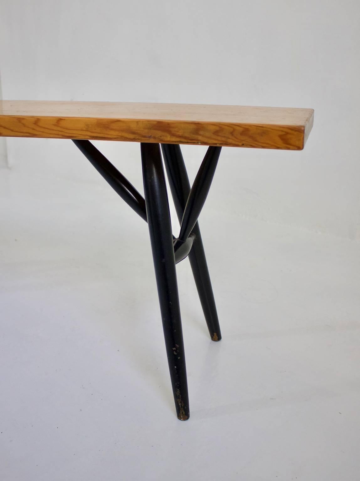 Pirkka pine bench by Ilmari Tapiovaara for Laukaan Puu, Finland, 1950s.

A simple piece in good vintage condition with signs of wear in line with age and use as one might expect. The top has a nice patina, with lots of surface wear, and there are