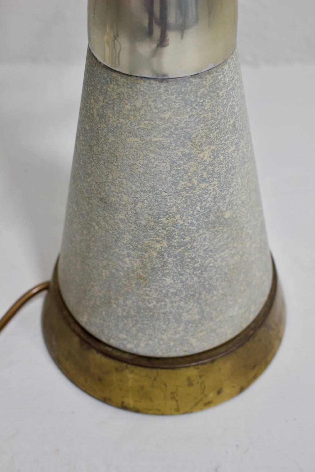 Mid-Century Modern Ceramic and Brass Table Lamp with Atomic Details and Fibreglass Shade, 1950s