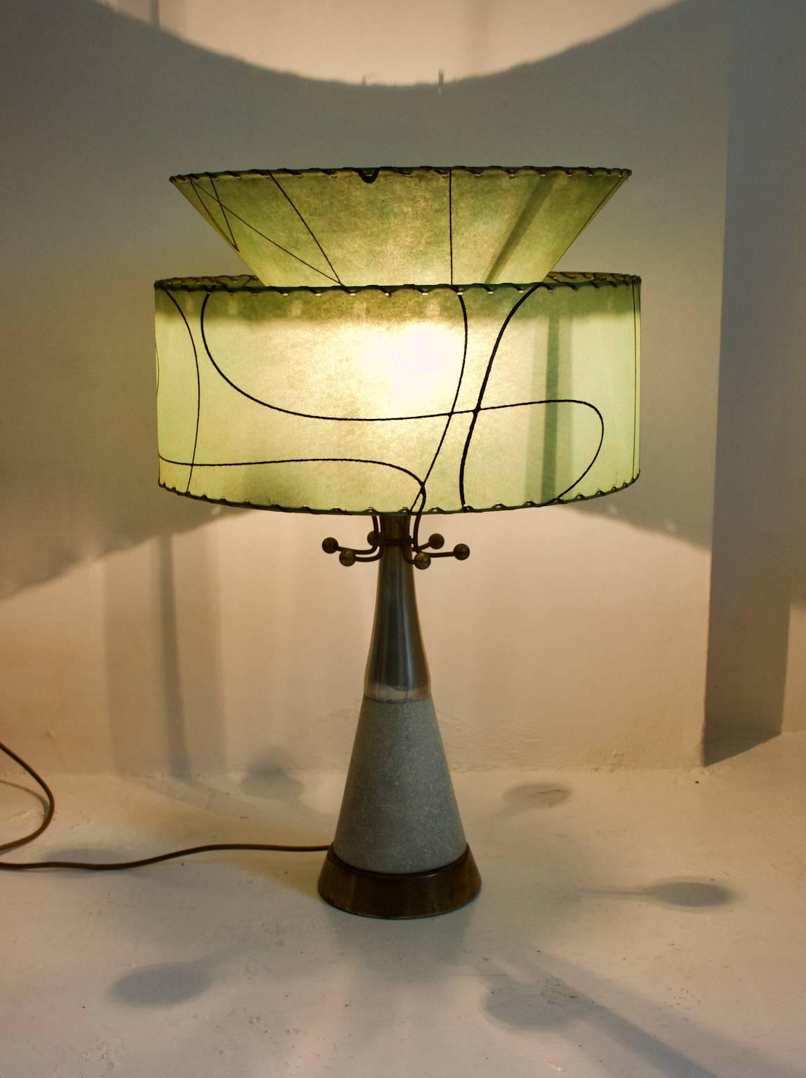 Mid-20th Century Ceramic and Brass Table Lamp with Atomic Details and Fibreglass Shade, 1950s