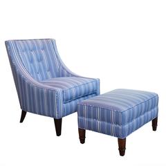 Blue and White Upholstered Lounge Chair and Ottoman