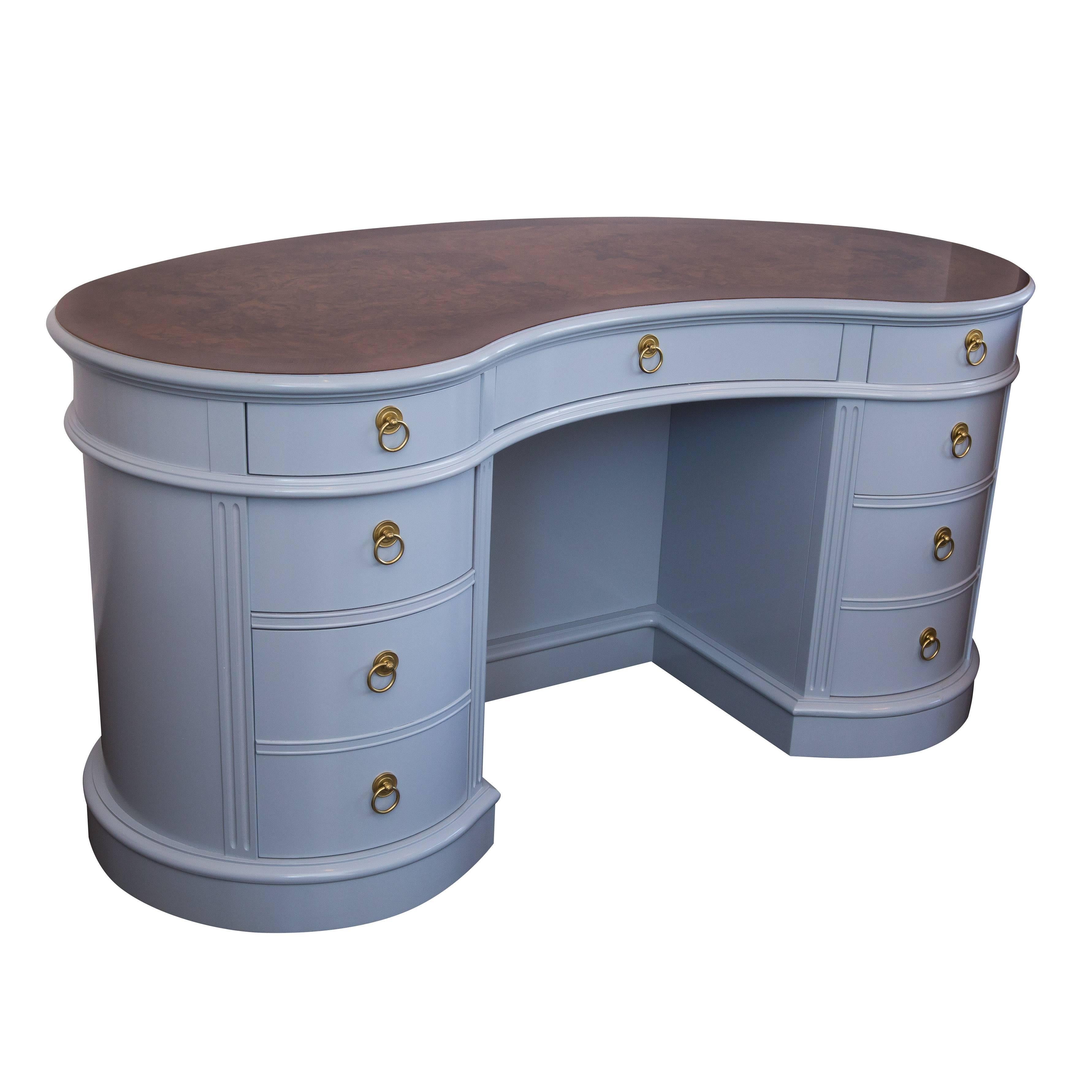 Lacquered Kidney Desk with Burled Wood Top by Drexel