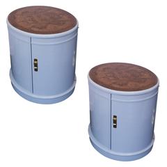 Lacquered Oval End Tables with Burled Wood Tops by Drexel