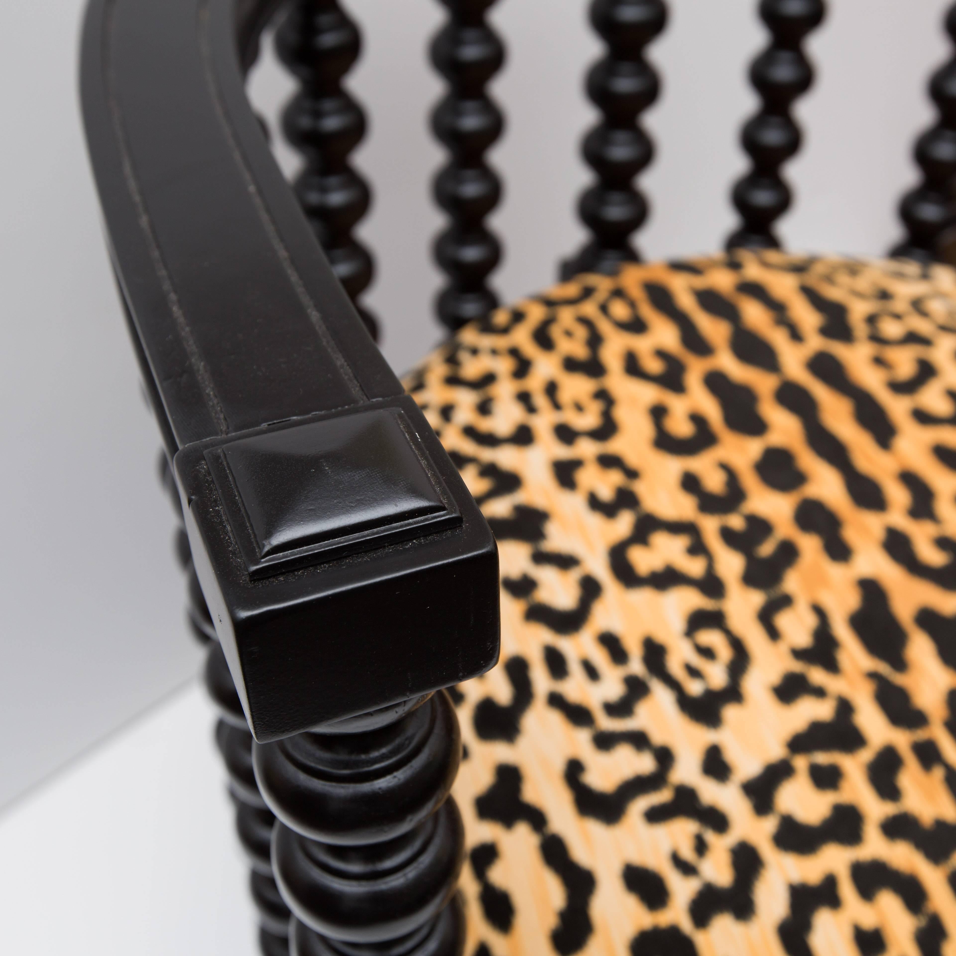 Mid-Century Modern Pair of Ebony Spindle Back Barrel Chairs in Faux Leopard