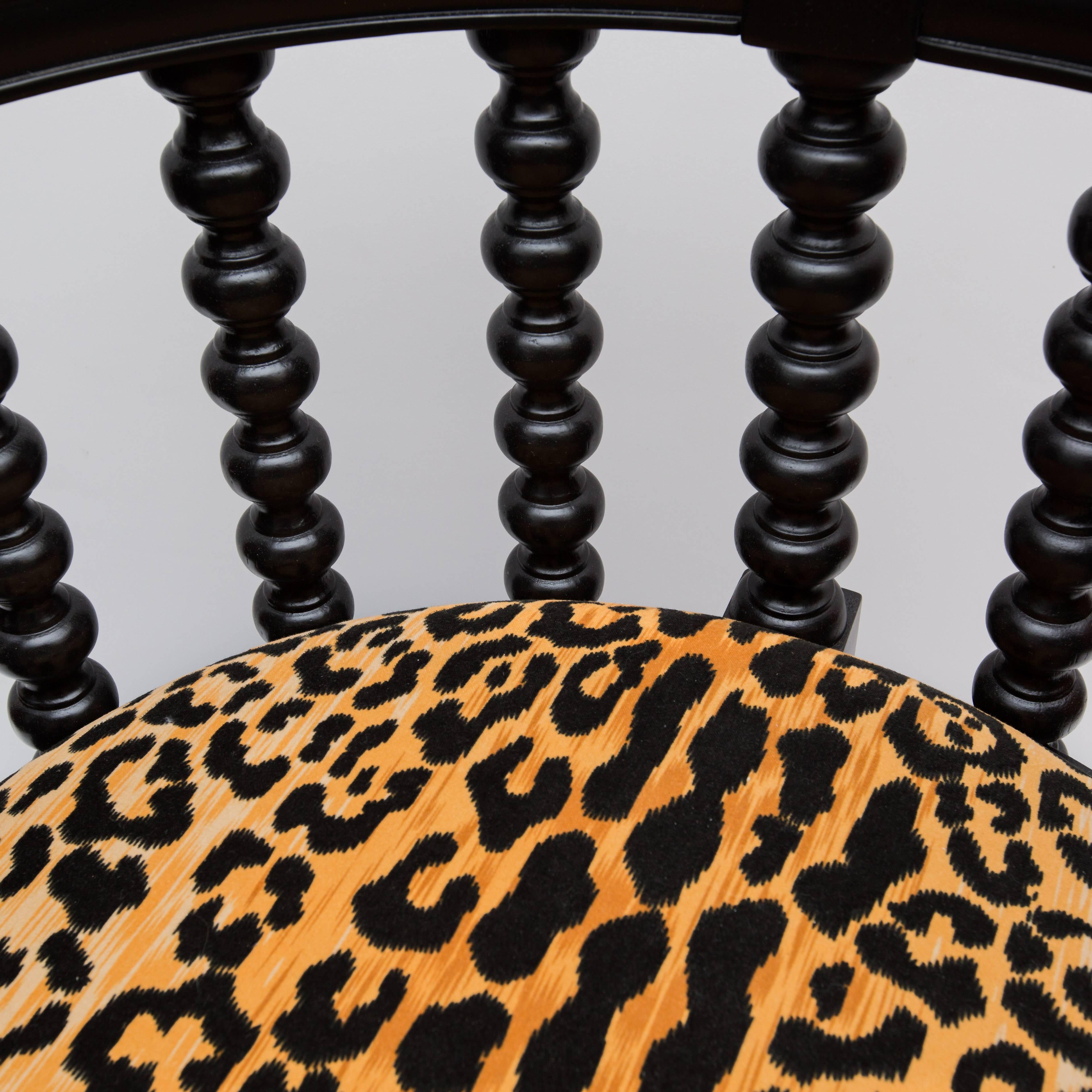 American Pair of Ebony Spindle Back Barrel Chairs in Faux Leopard
