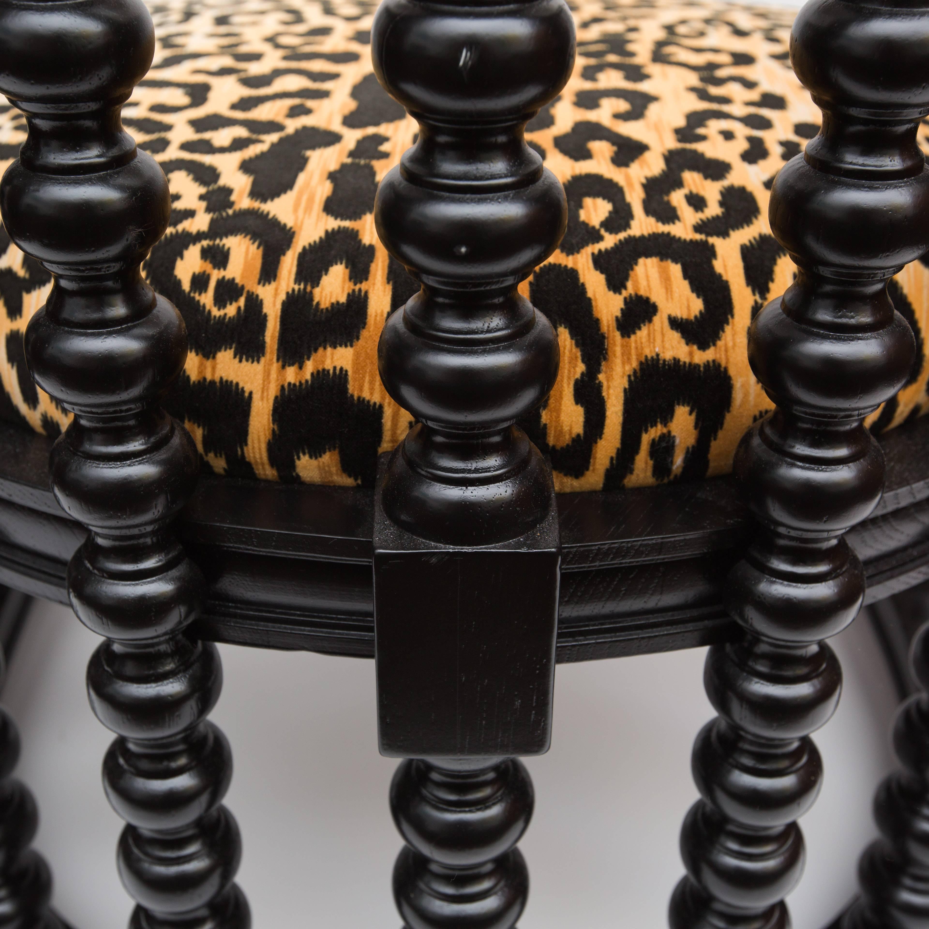 Fabric Pair of Ebony Spindle Back Barrel Chairs in Faux Leopard