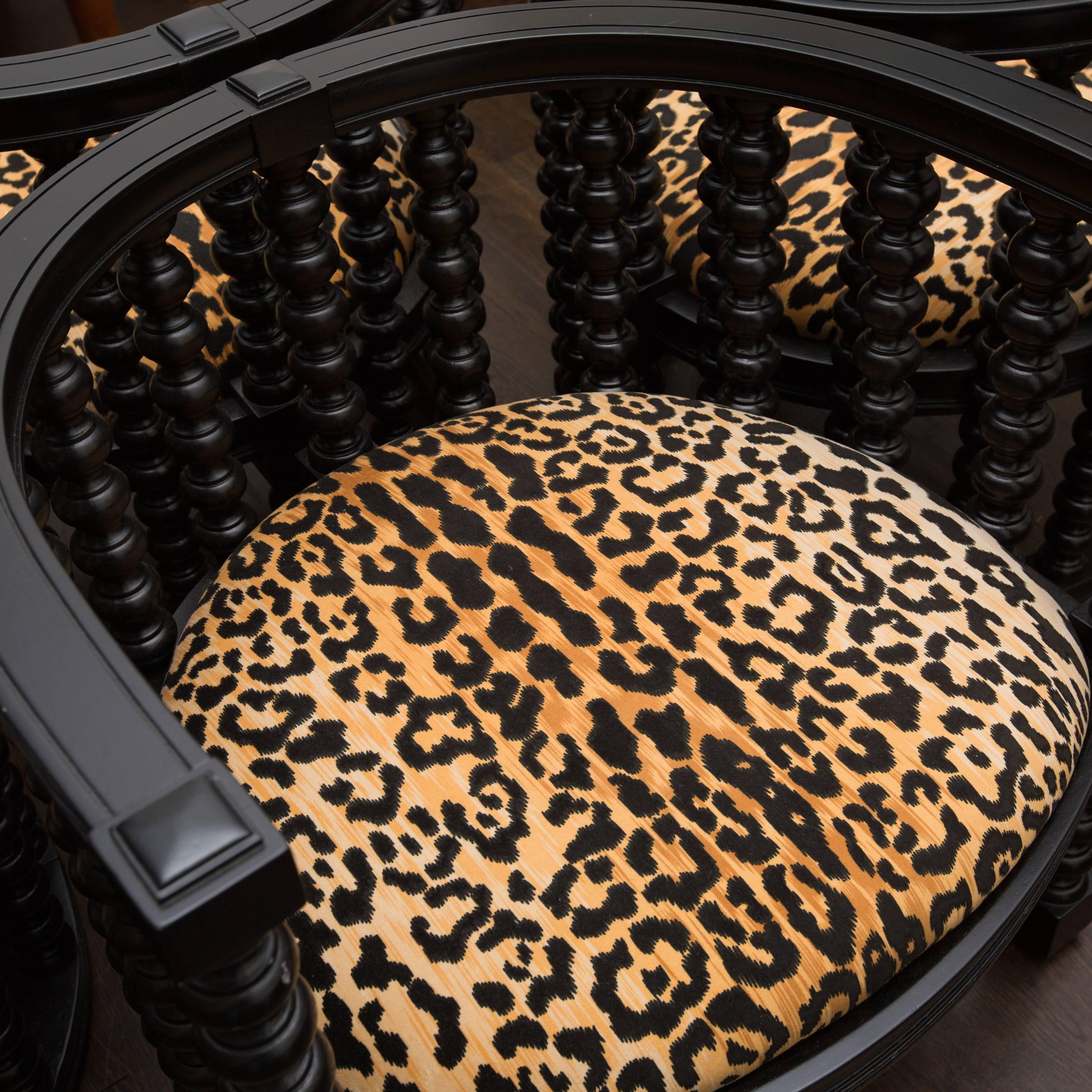 Pair of Ebony Spindle Back Barrel Chairs in Faux Leopard 1