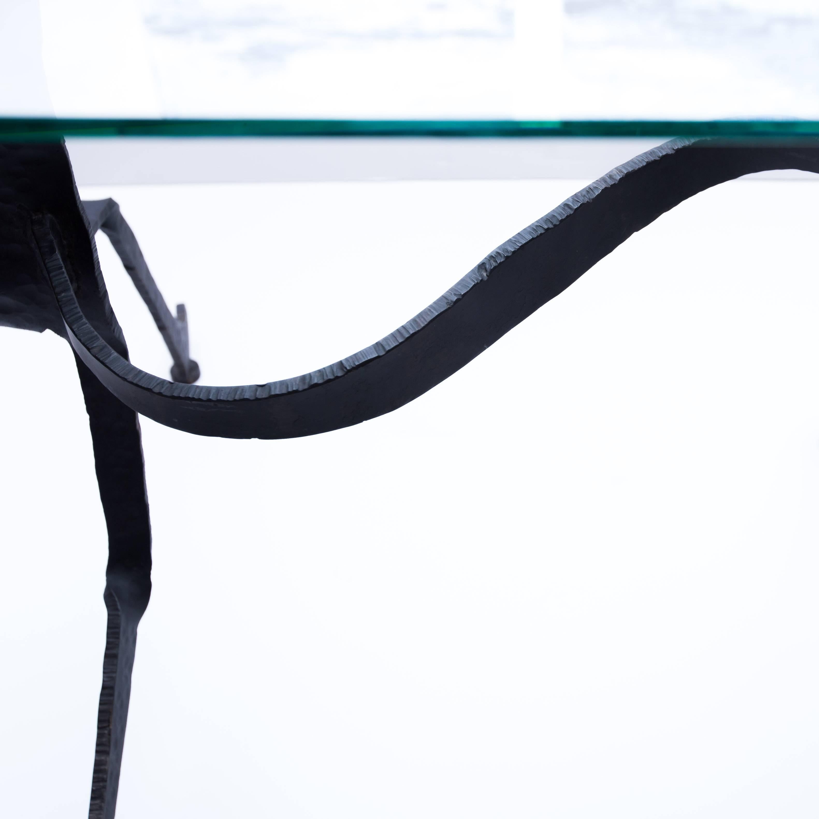 American Brutalist Figural Blackened Steel and Glass Side Table