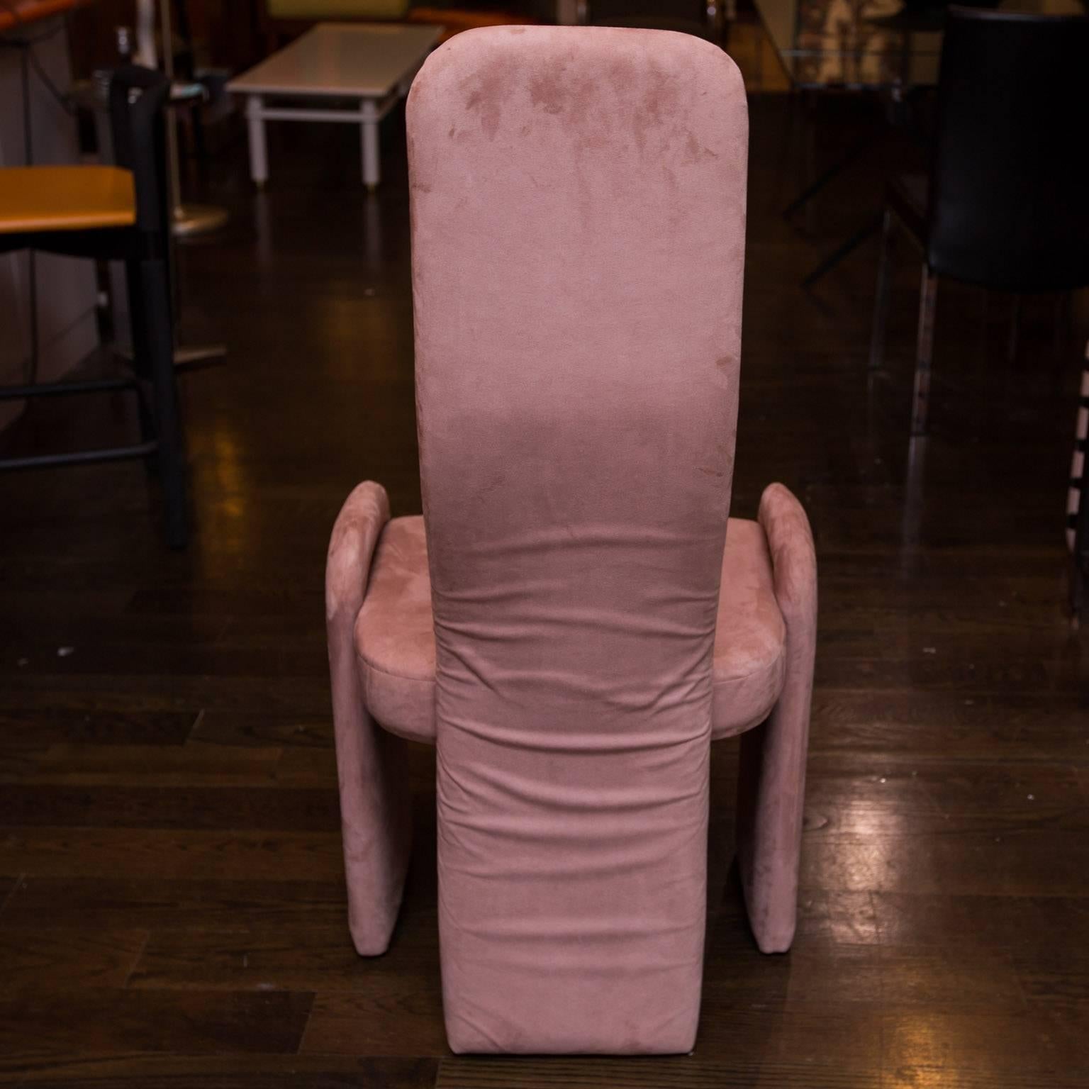 Nice set of iconic 1970s Italian-influence dining chairs in a pinkish ultra suede.
