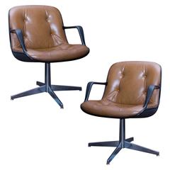 Vintage Pair of Charles Pollock Style Steelcase Brown Leather Executive Chairs