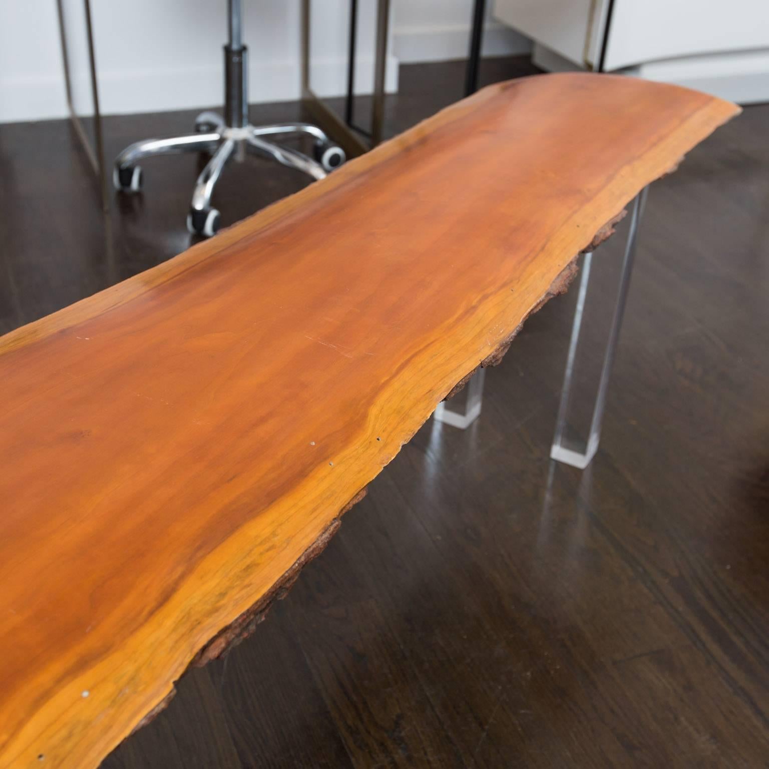 American Live Edge Bench with Lucite Legs For Sale