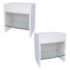 Pair of White Lacquered Nightstands with Floating Glass Shelves