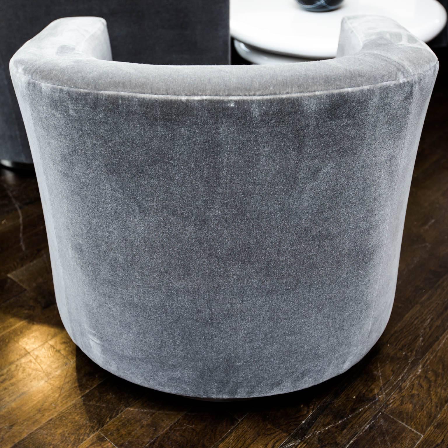 Contemporary Donghia Barrel-Backed Swivel Chairs in Charcoal Grey Mohair