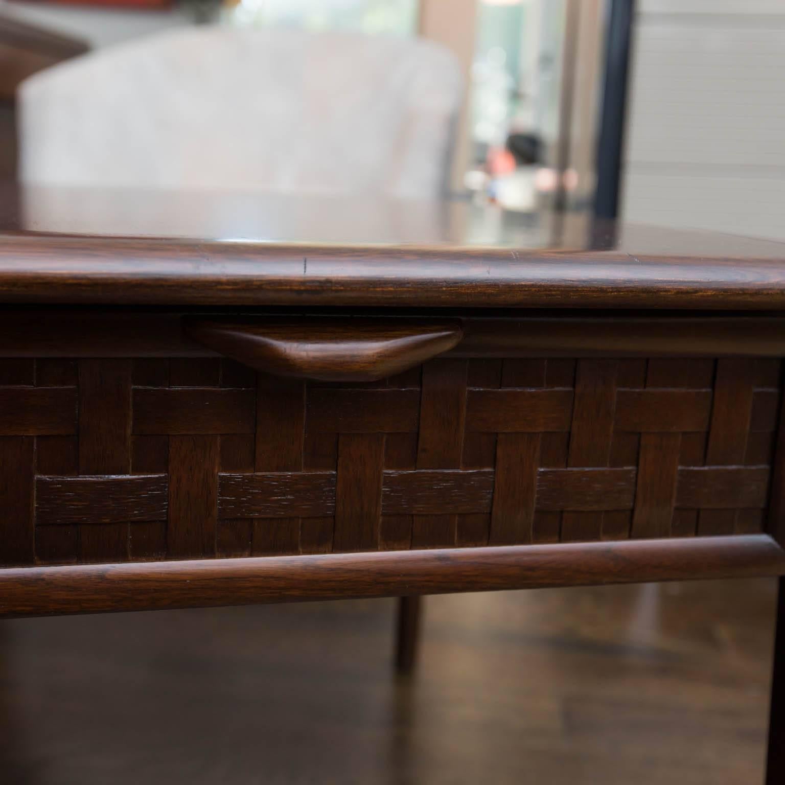 Great set of tables in refinished walnut stain with brass ball accents on sides and the classic Perception Series basket weave fronts.