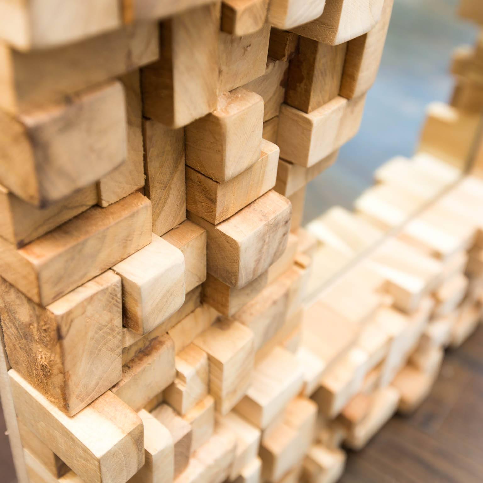 American Brutalist Style Custom-Made Wood Block Mirror