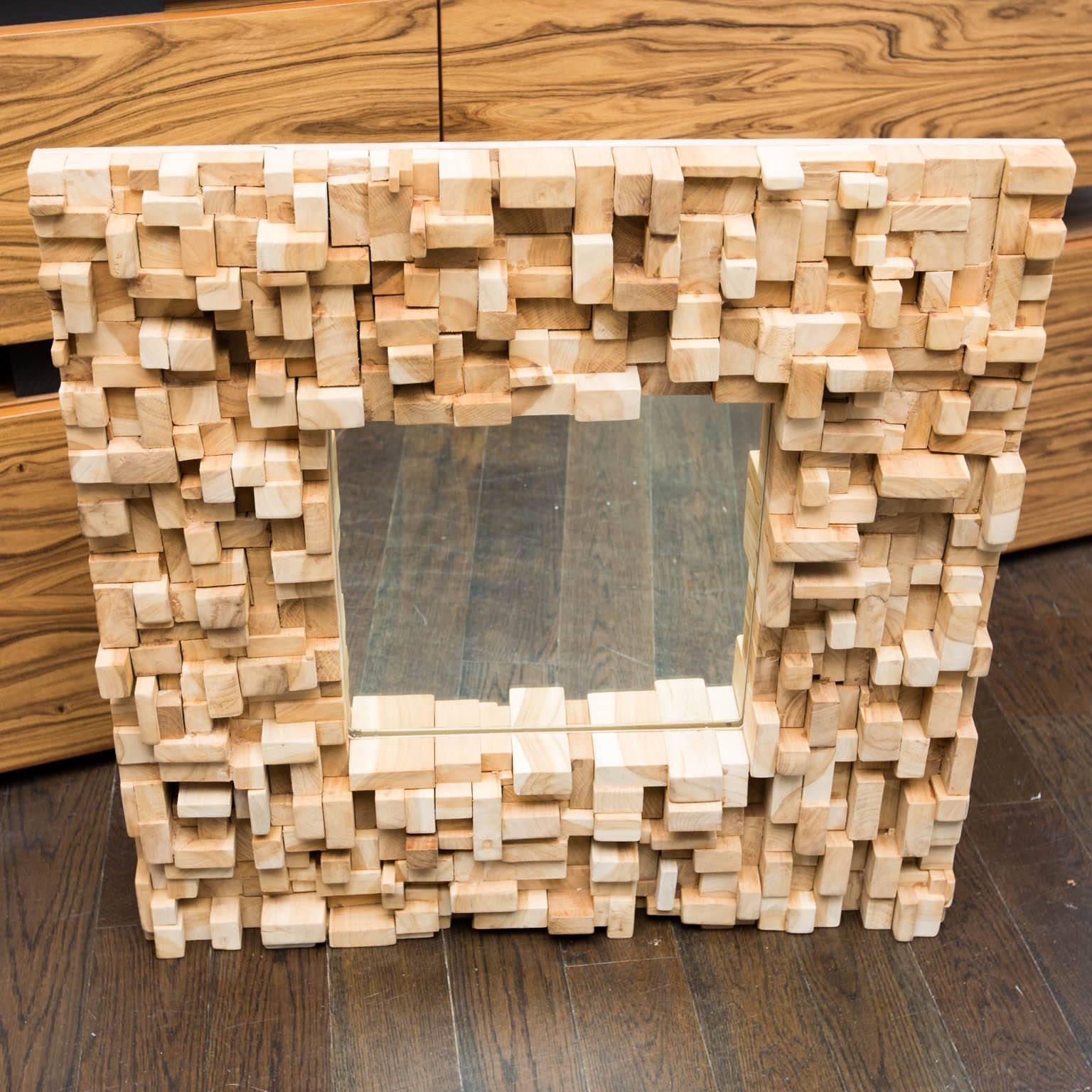 Contemporary Brutalist Style Custom-Made Wood Block Mirror