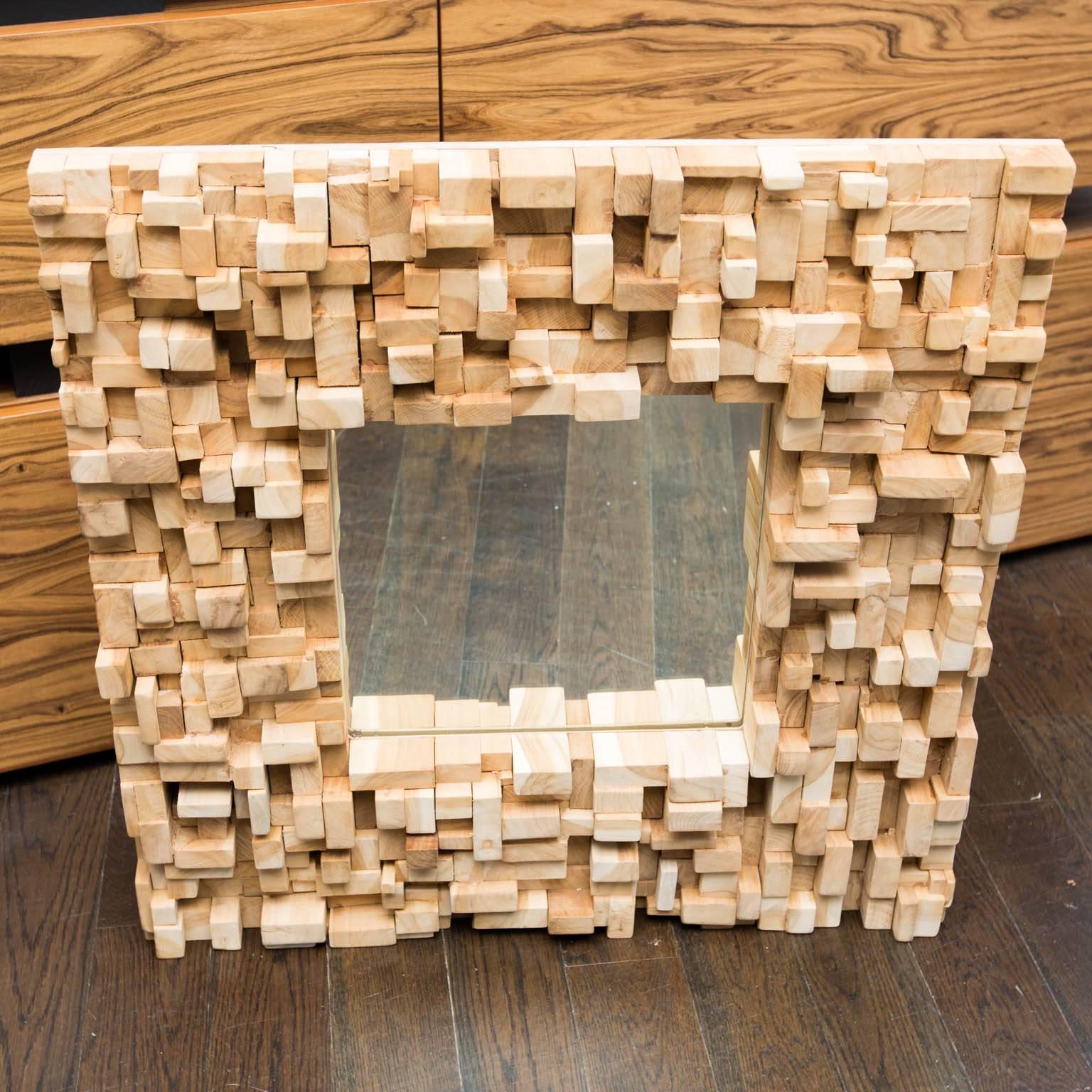 Brutalist Style Custom-Made Wood Block Mirror In Excellent Condition In New London, CT