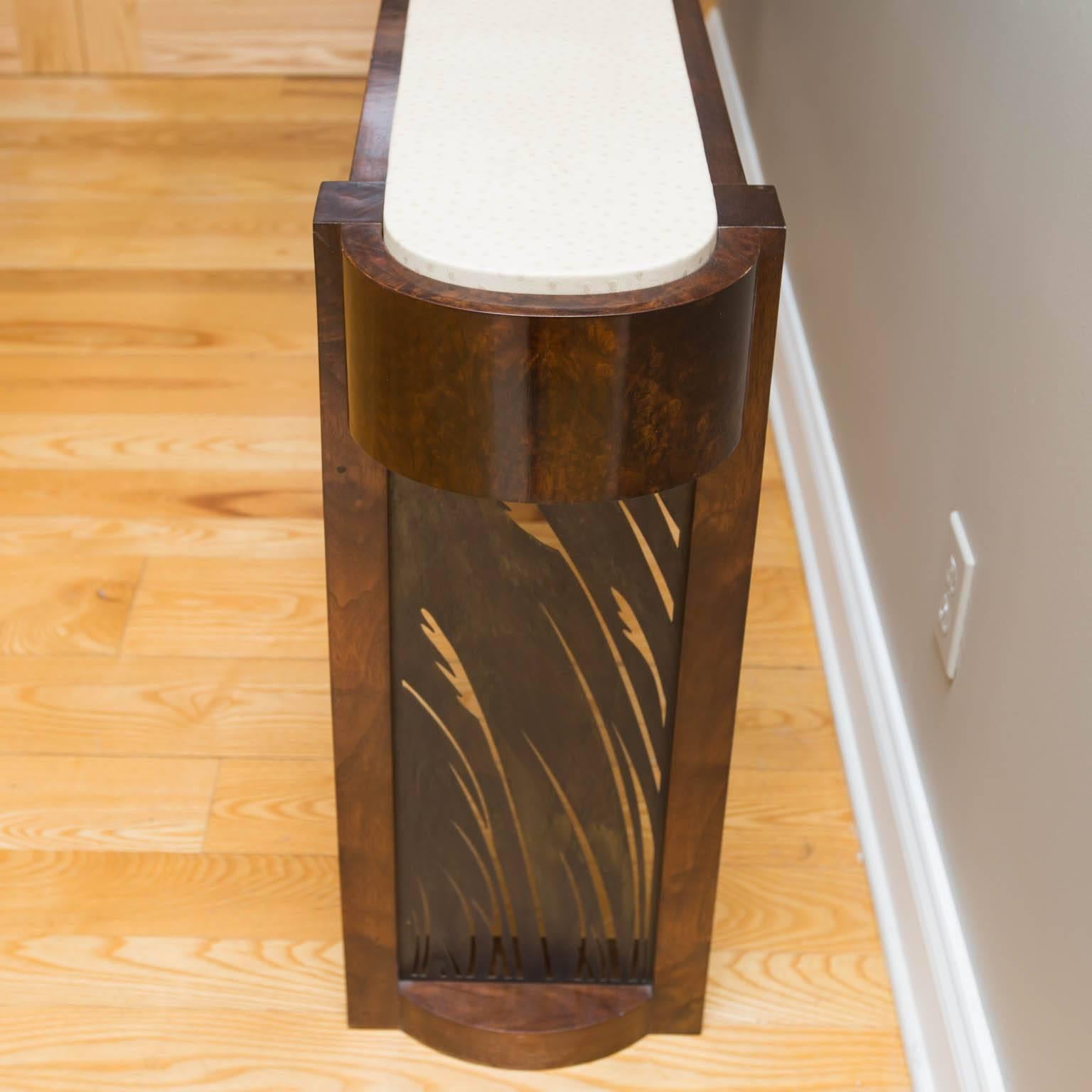 Burl Walnut, Leather and Patinated Steel Console Table by Gregory Clark In New Condition For Sale In New London, CT