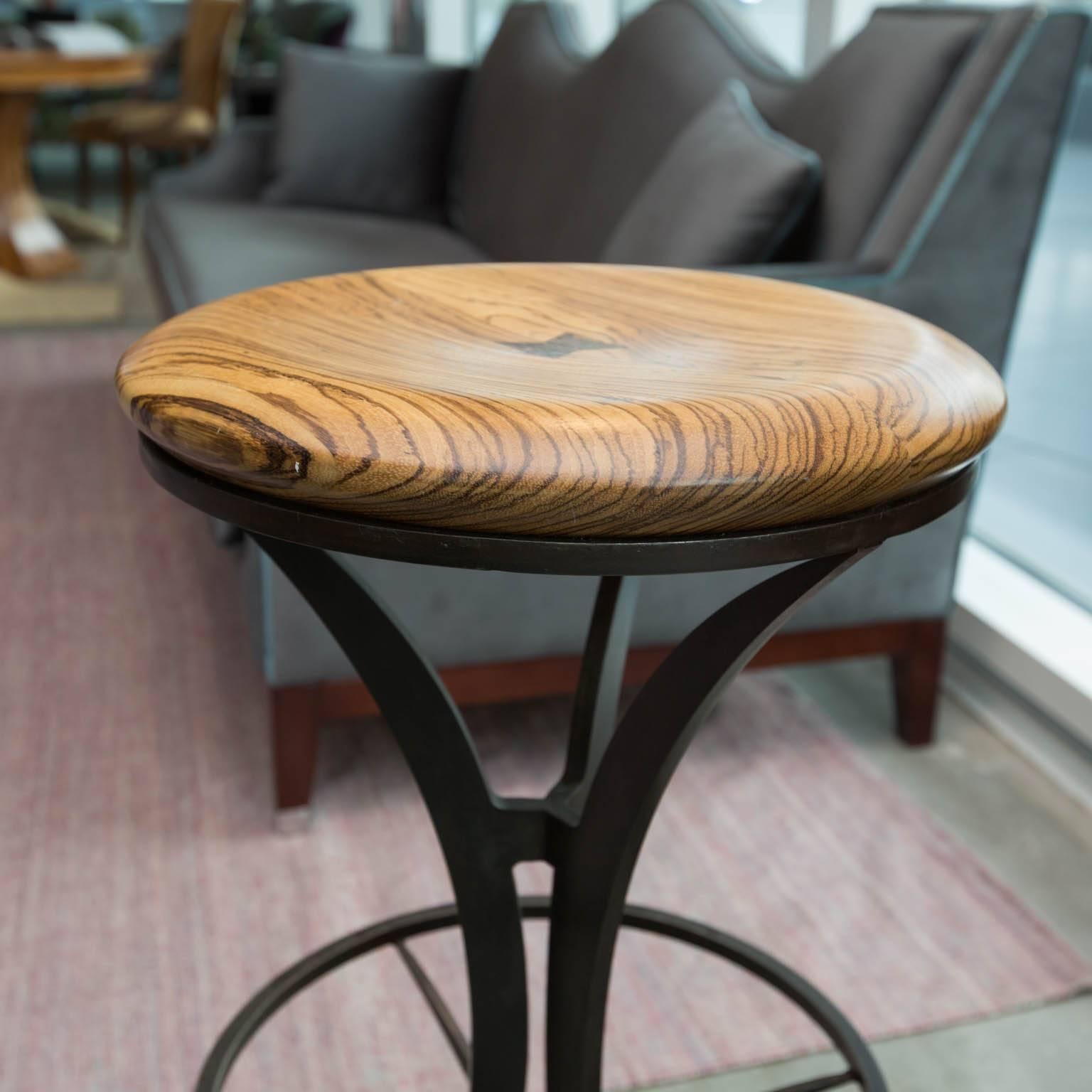 Patinated Zebrawood and Forged Steel Bar Stools by Gregory Clark