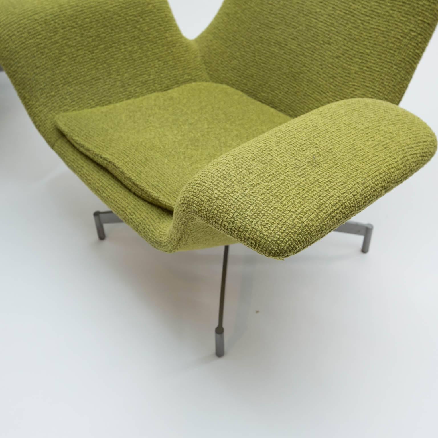 Star Trek-like pair of swivel chair by HBF fruniture. Durable, green, wool-like fabric with heavy steel bases in a satin pewter powder coat.