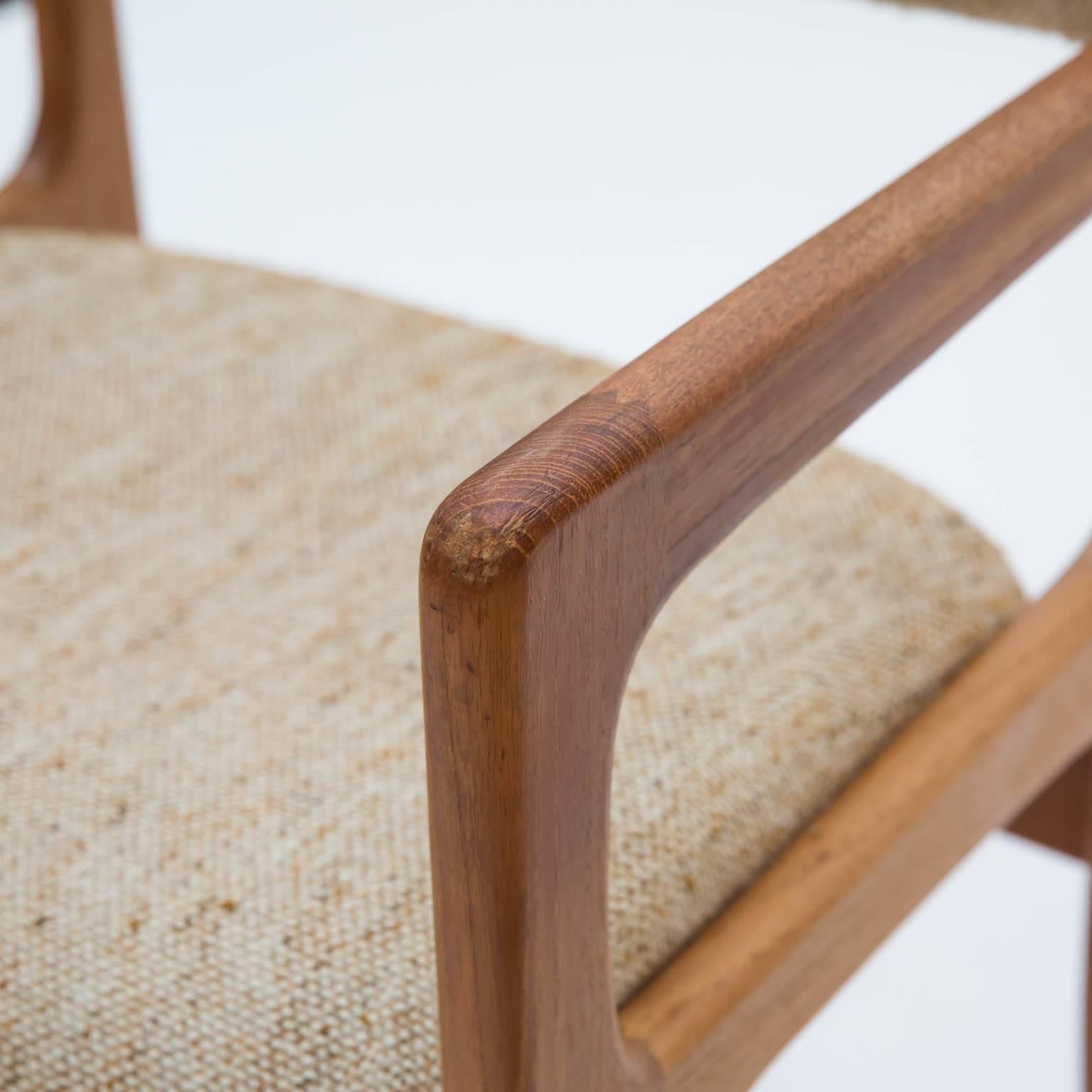 Super rare set of solid teak dining chairs featuring six sides and two arms. Have scoured the internet and not found a set even close. Unique full square framed legs vs. the other 99% of Danish chairs with four legs. Seat height is 19.5