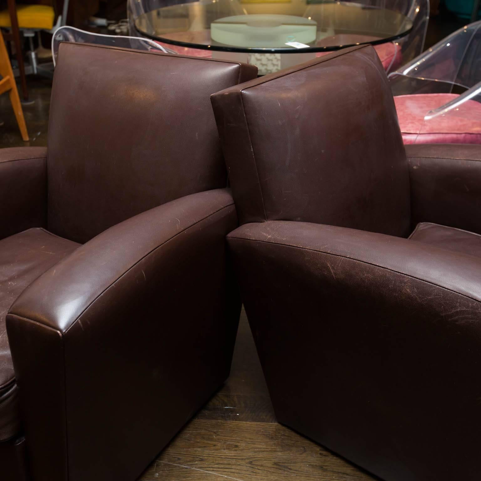 Contemporary Holly Hunt Brown Leather Swivel Chairs