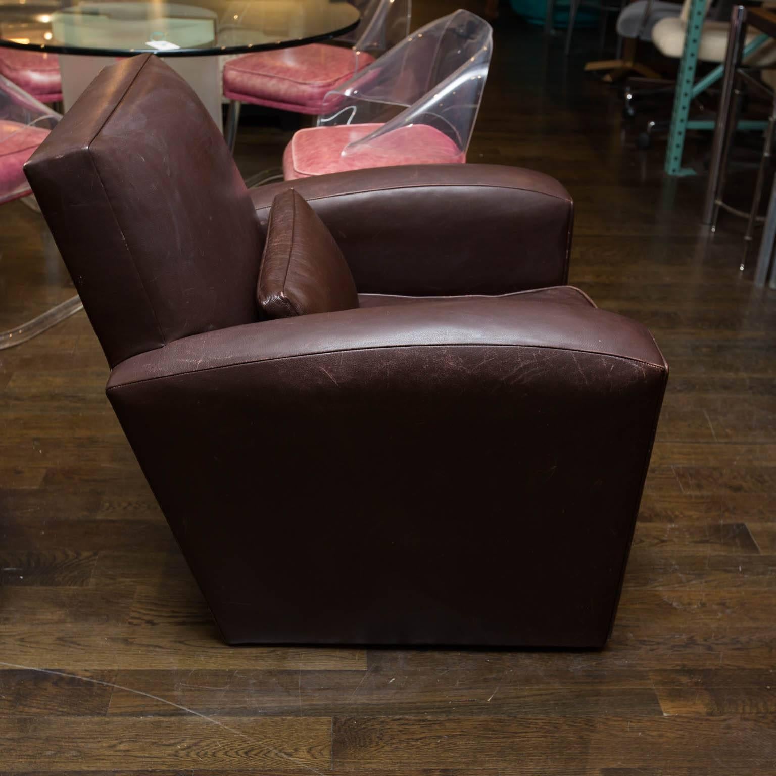 Holly Hunt Brown Leather Swivel Chairs 2