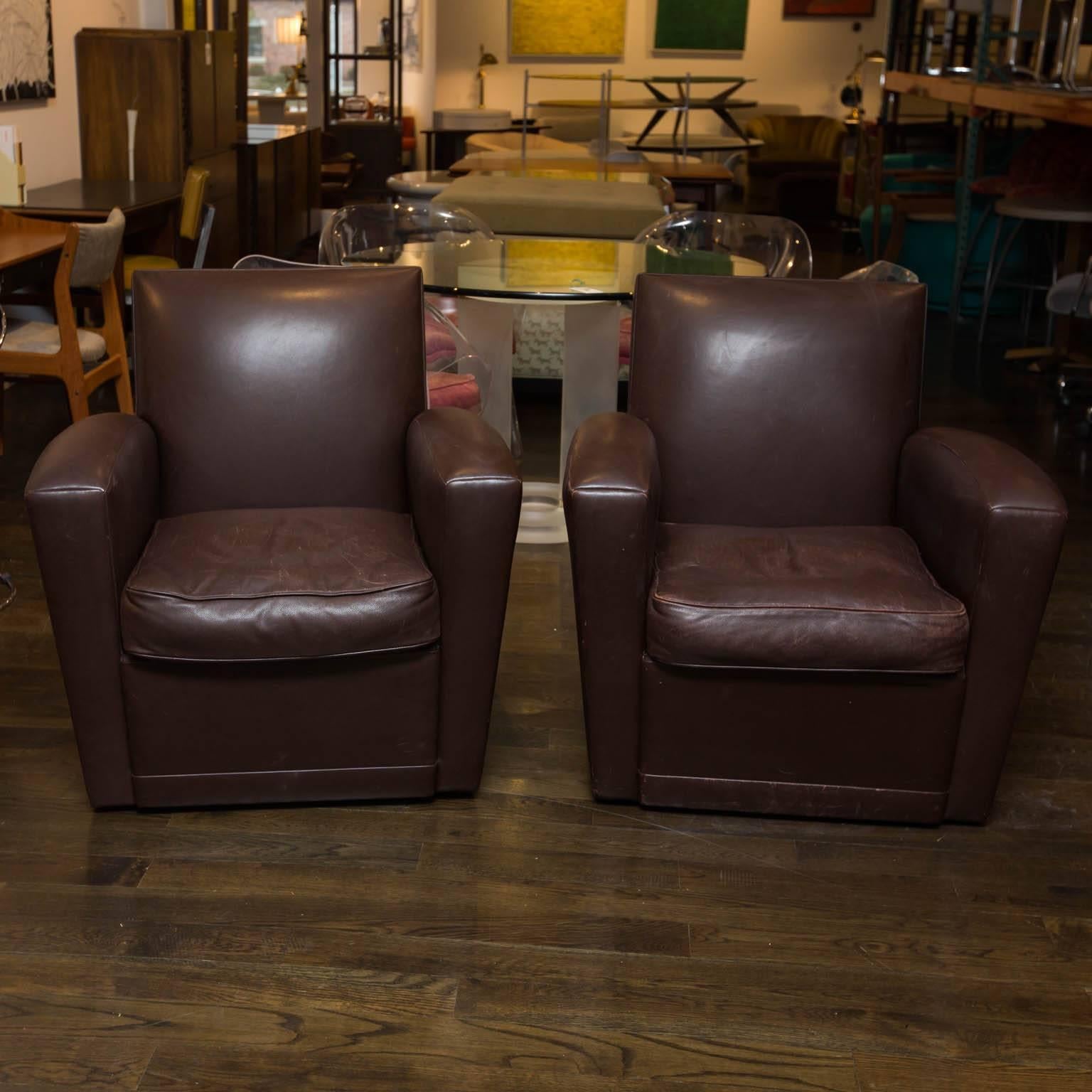 Holly Hunt Brown Leather Swivel Chairs In Good Condition In New London, CT