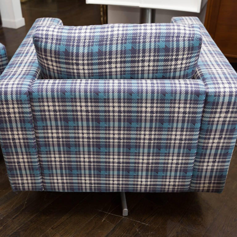 Pair of Modern Tuxedo Swivel Chairs in Tartan Plaid at 1stdibs