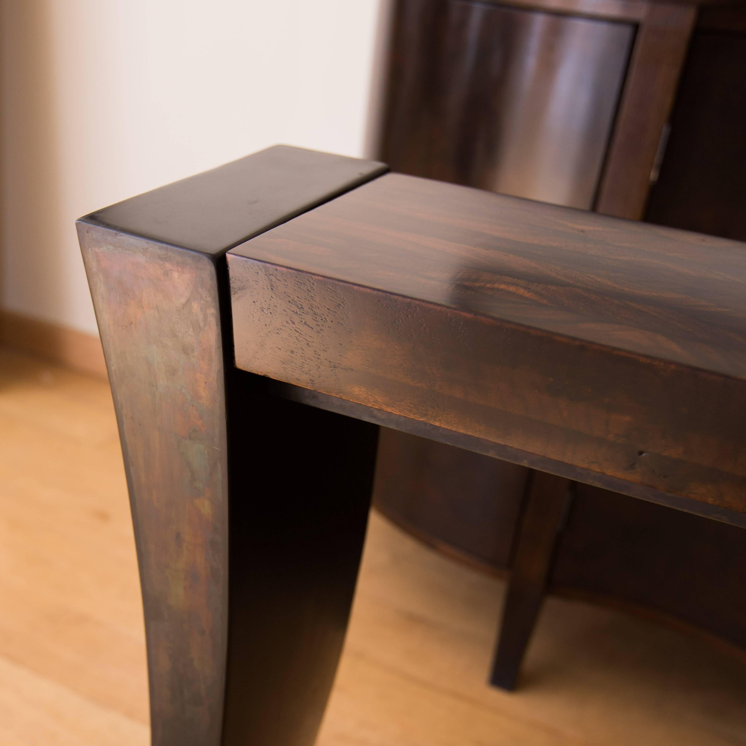 Contemporary Console Table with Ziricote Wood Top and Hand-Formed Steel Legs For Sale