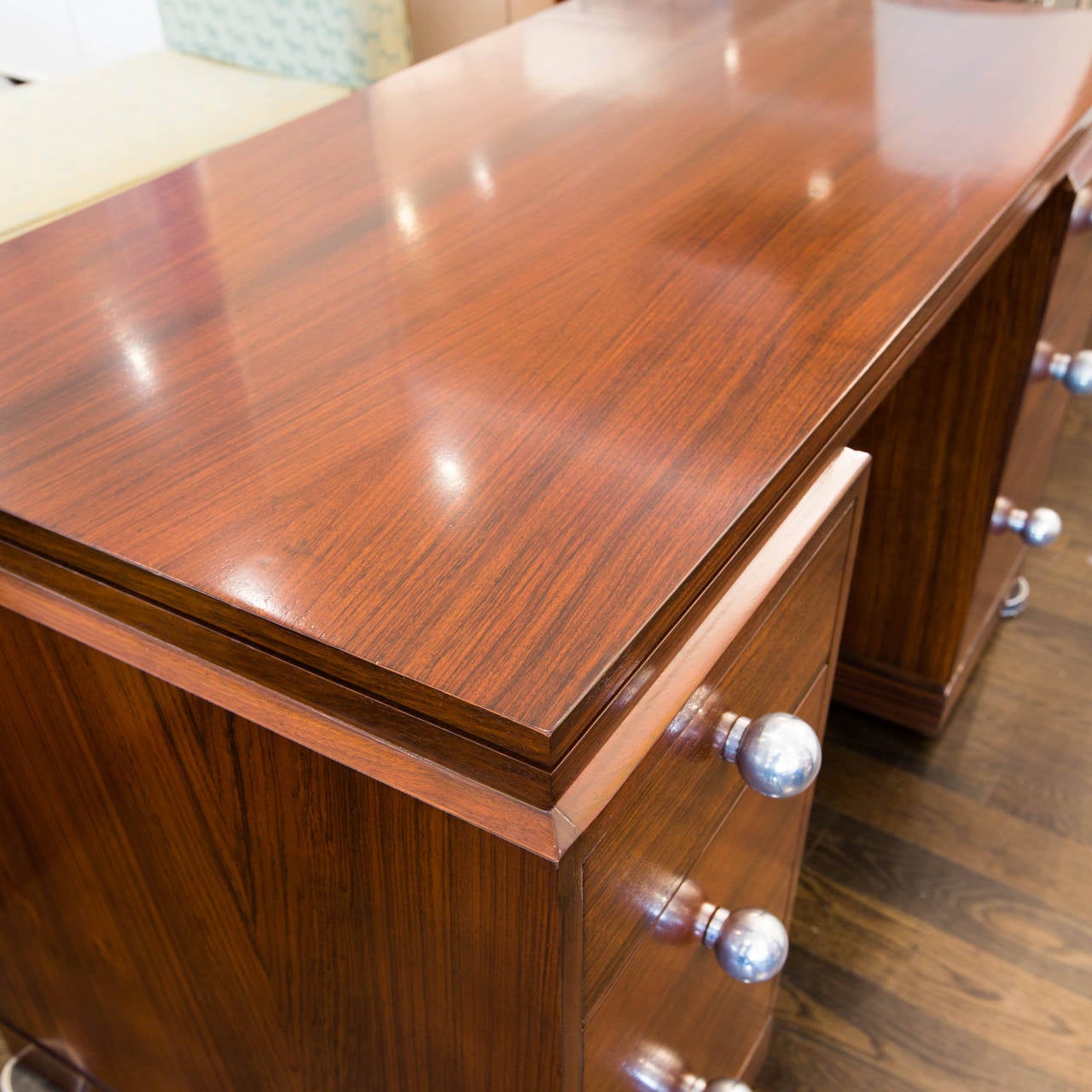 Aluminum French Art Deco Double Pedestal Rosewood Desk