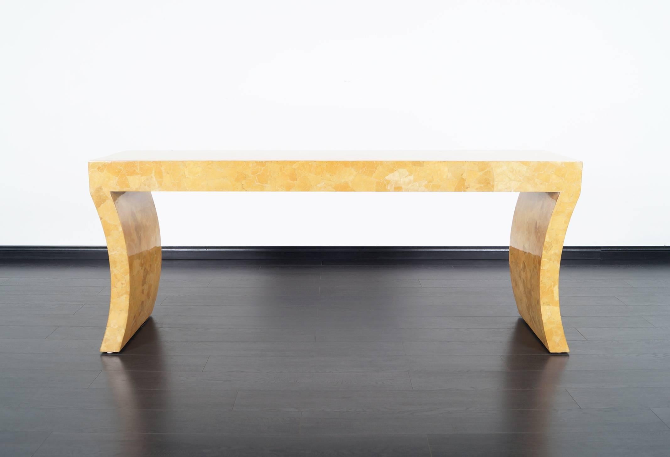 Extravagant vintage craquelure console table designed by Jimeco Interiors Ltda in Colombia, circa 1970s. This table features an innovative architectural design, the legs are shaped like two arched columns that connect to an elegant long top. Rarely