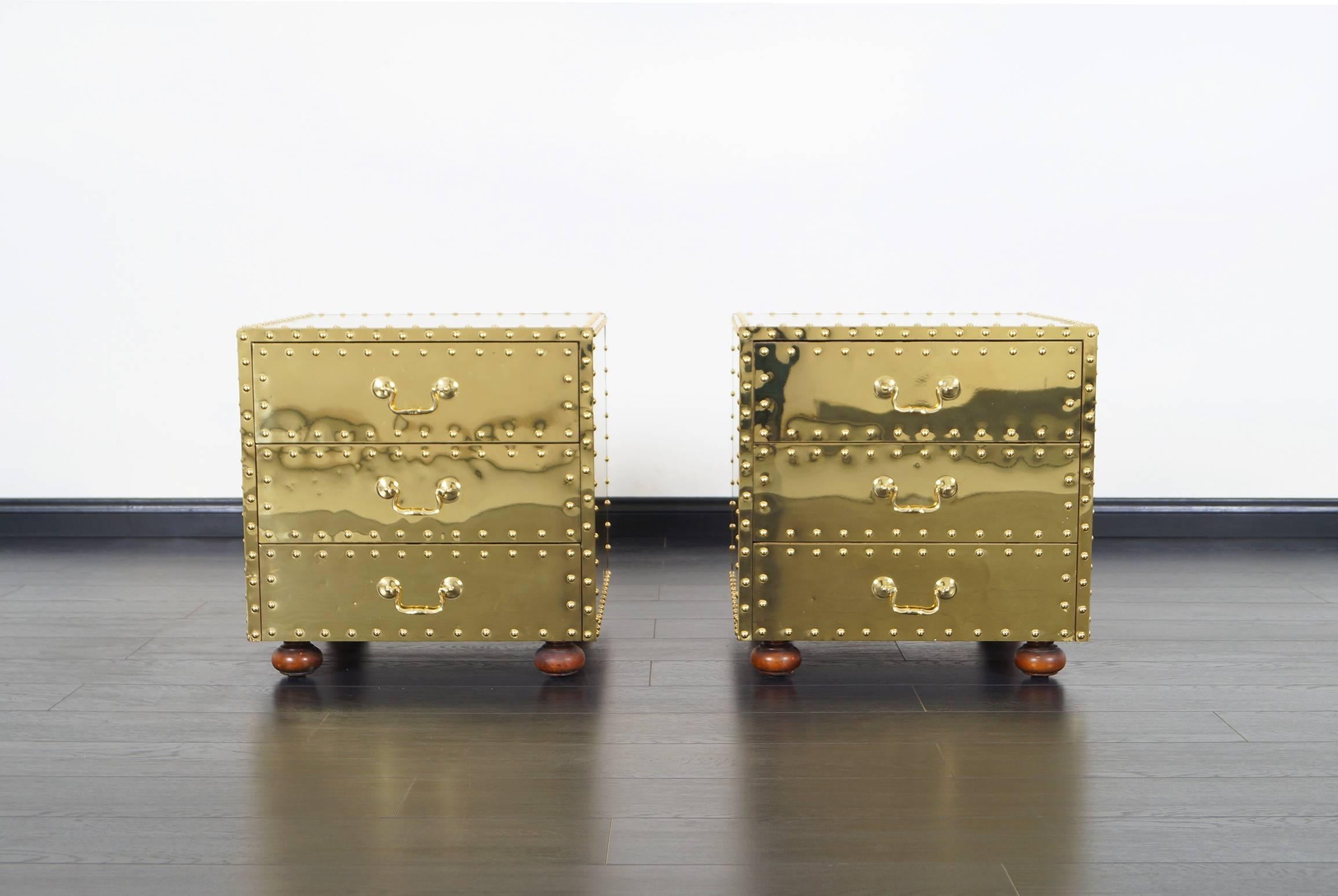 Amazing pair of vintage brass nightstands or side tables designed by Sarreid, Ltd. professionally polished.