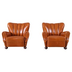 Scandinavian Art Deco Club Lounge Chairs in Cognac Leather, 1940s