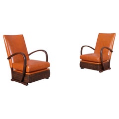 Vintage French Art Deco Leather and Walnut Lounge Chairs, 1940s