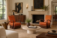 Vintage French Art Deco Leather and Walnut Lounge Chairs, 1940s
