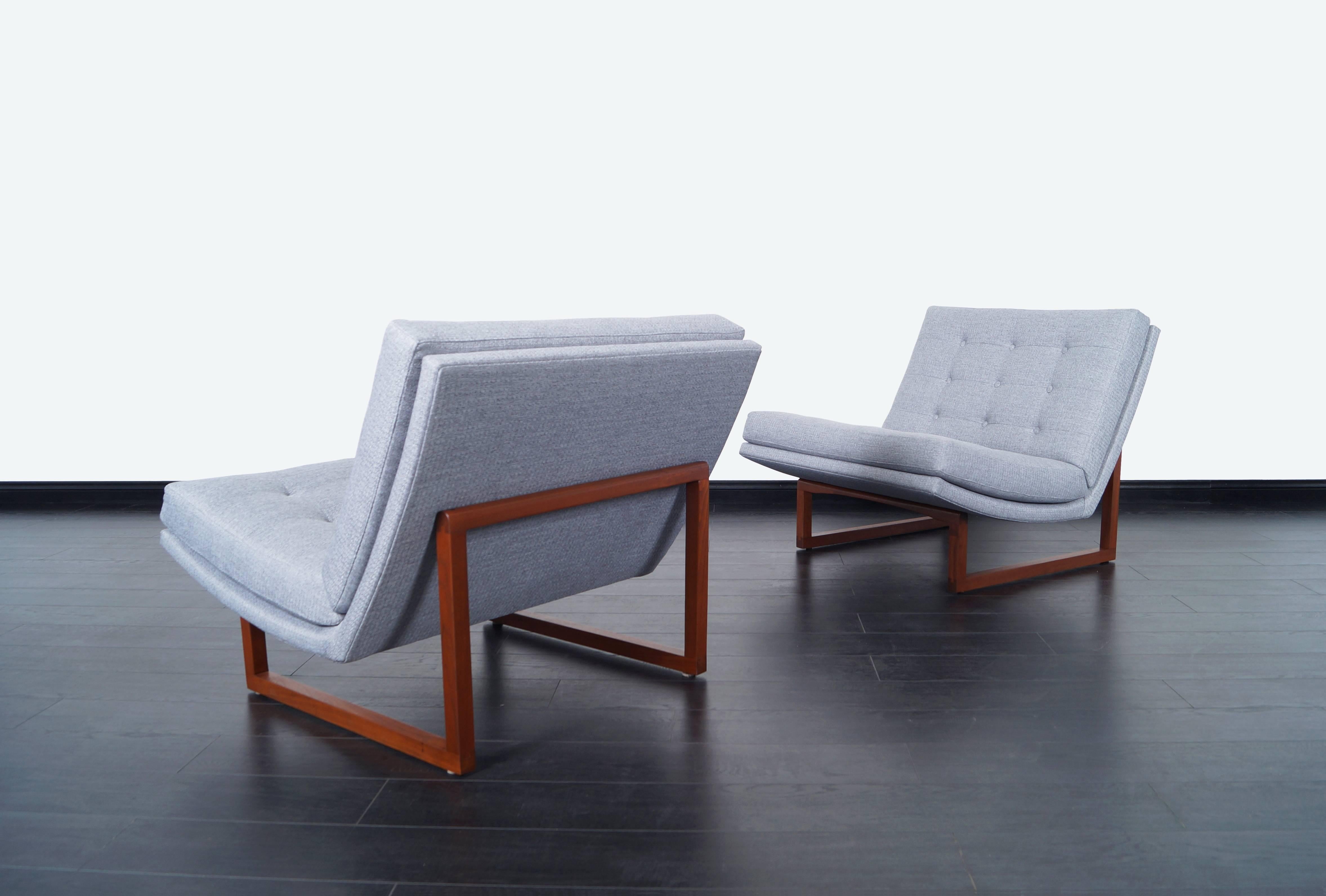 American Vintage Tufted Walnut Lounge Chairs by Milo Baughman