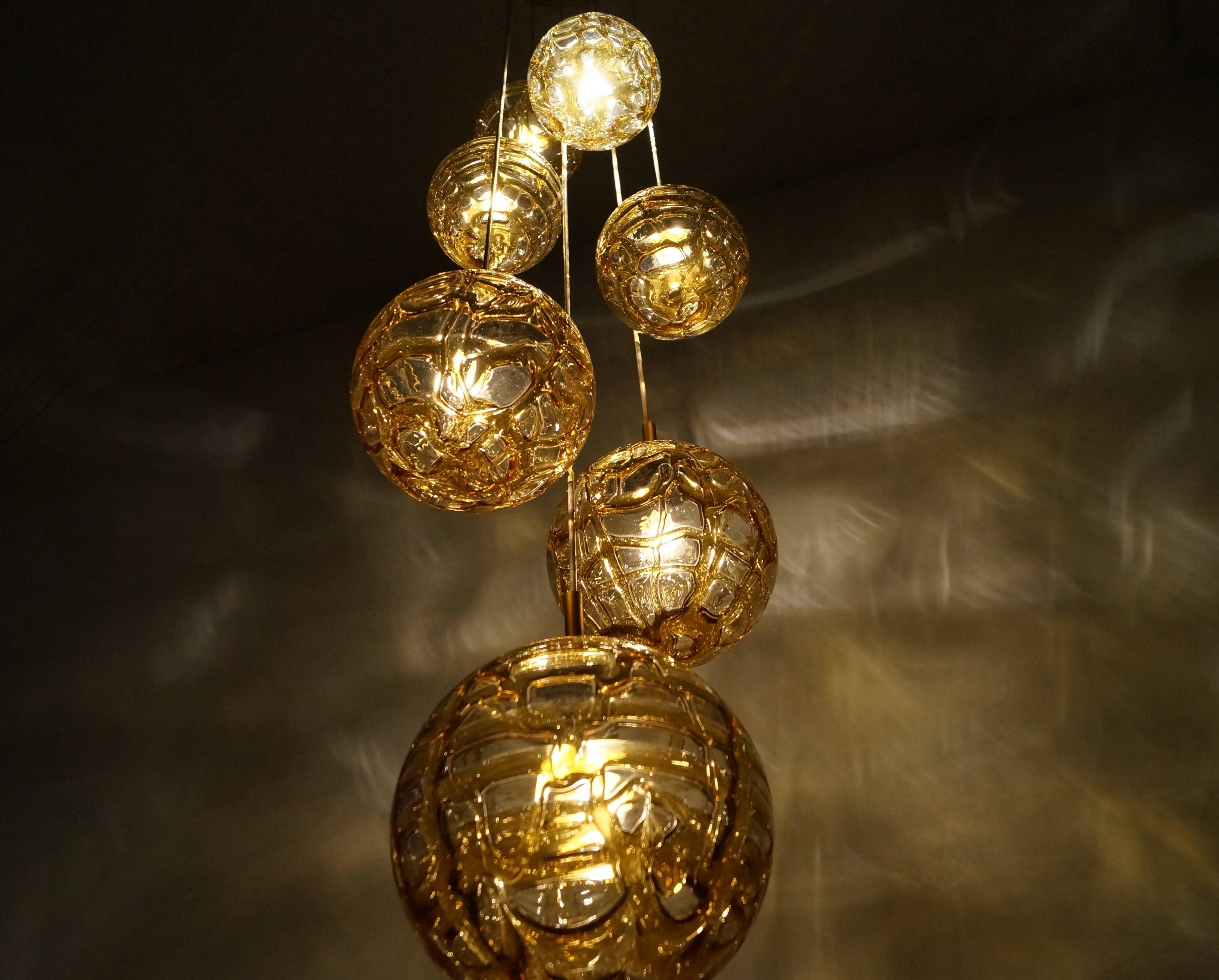 German Vintage Amber Glass Globes Chandelier by Doria