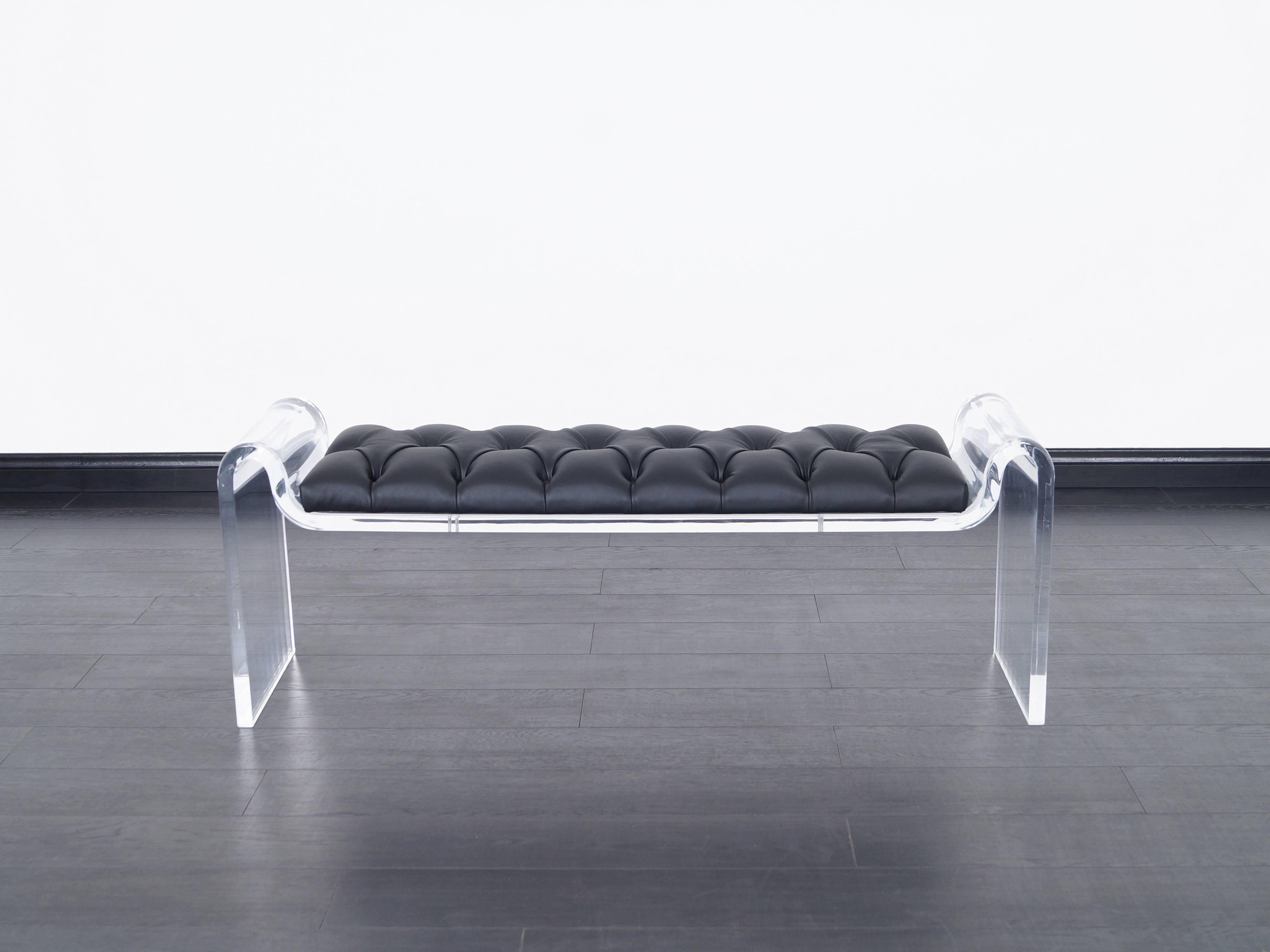 Mid-Century Modern Sculptural Lucite and Leather Bench