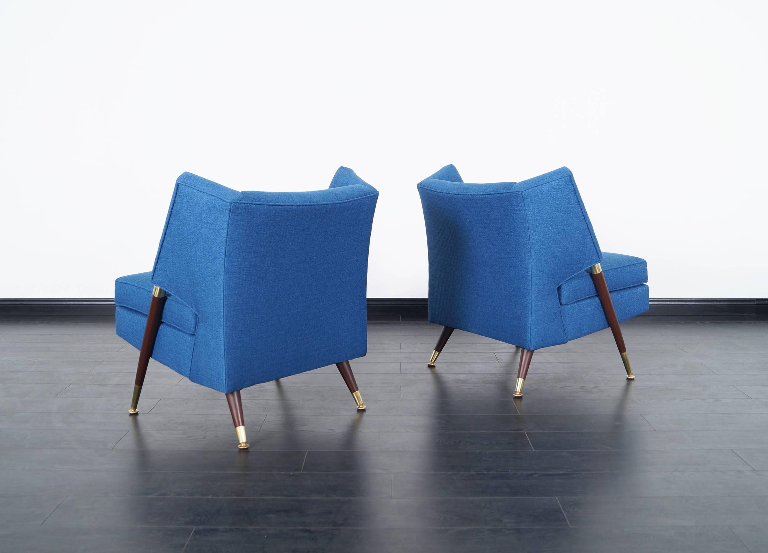 Mid-Century Modern Modernist Walnut and Brass Lounge Chairs