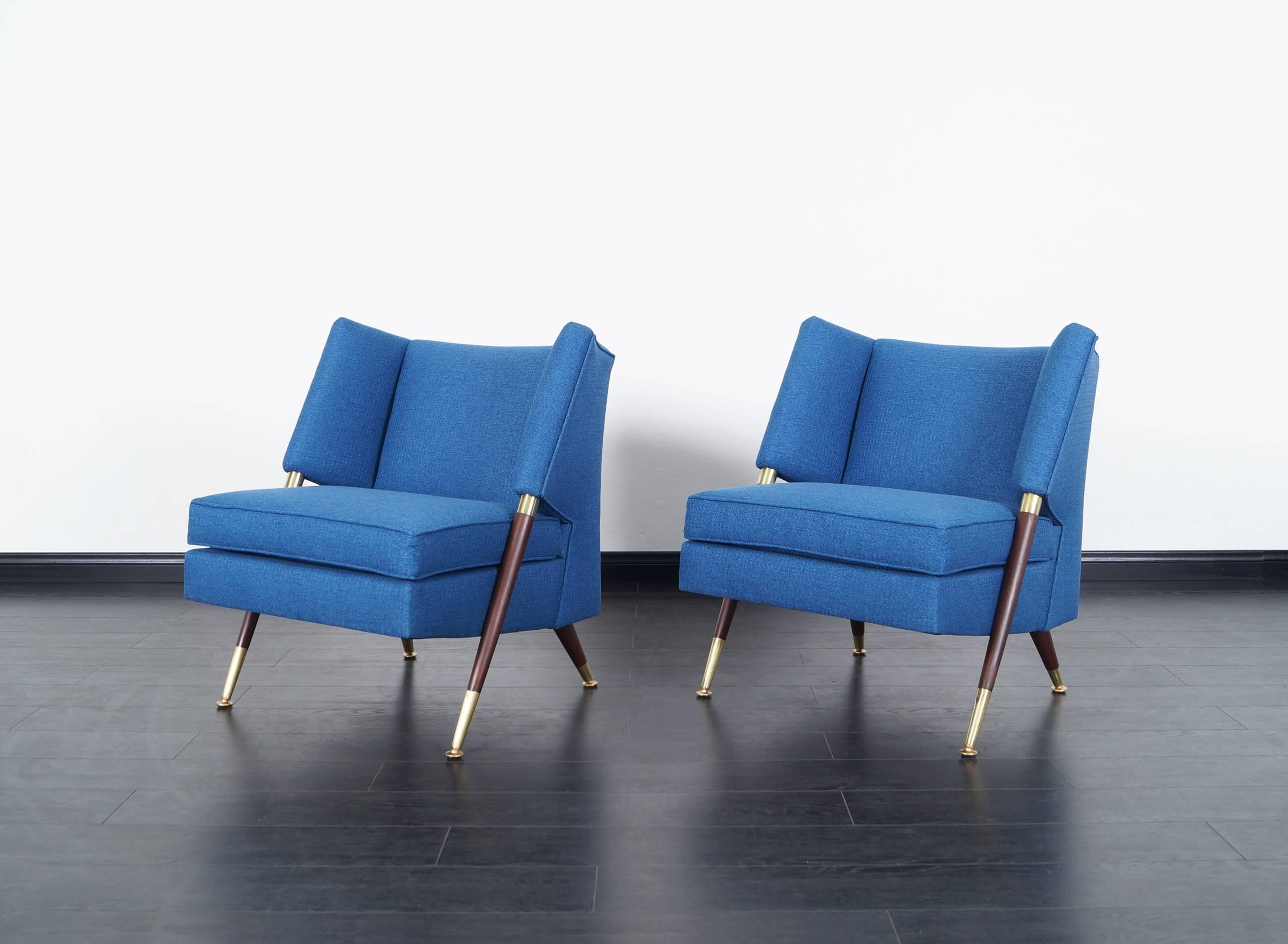 American Modernist Walnut and Brass Lounge Chairs