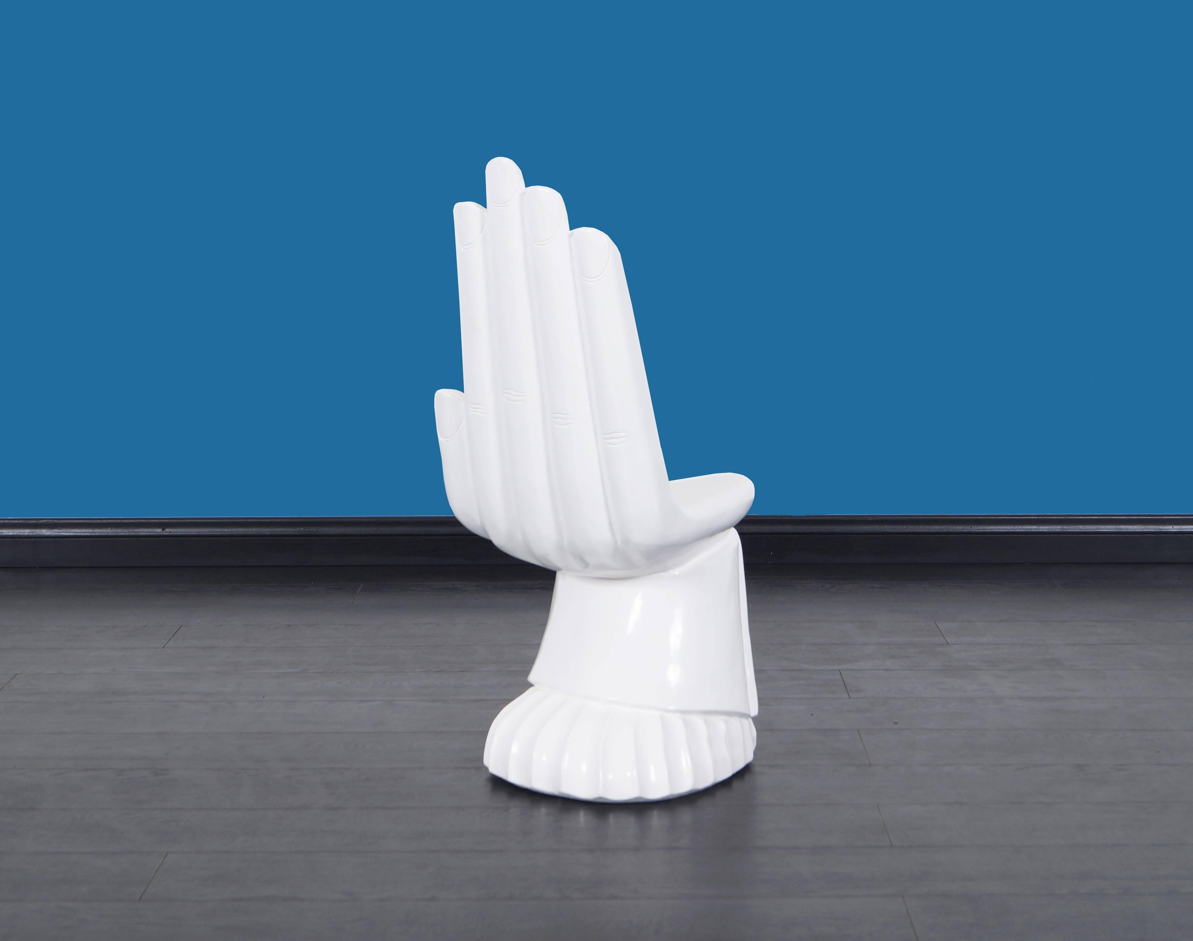 Sculptural carved wood hand chair after Pedro Friedeberg. White lacquered finish.
