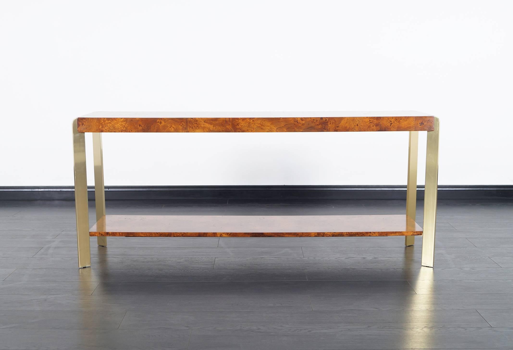 Fabulous burl wood and brass console table.