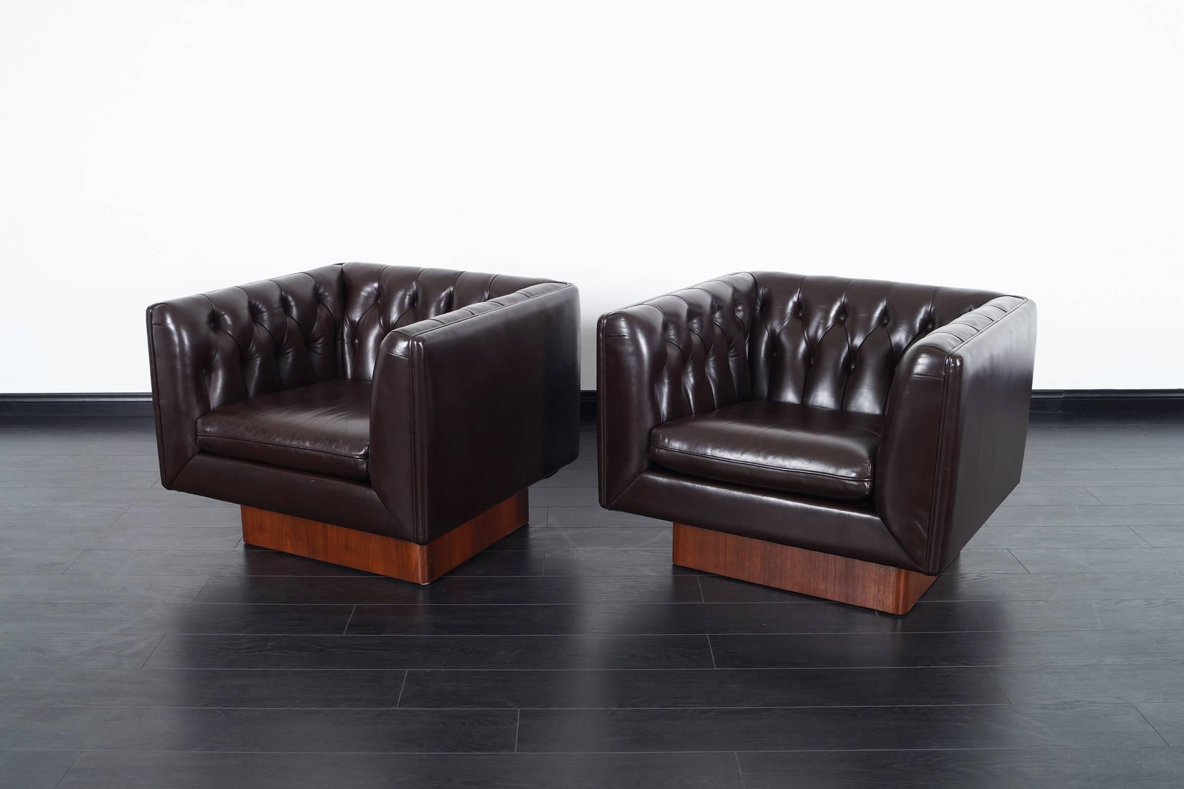 Mid-20th Century Vintage Tufted Leather Lounge Chairs by Milo Baughman