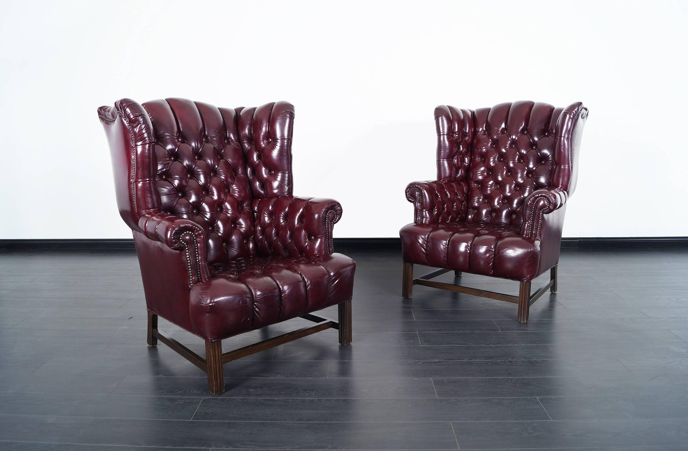 Mid-Century Modern Vintage Leather Tufted Wingback Chairs