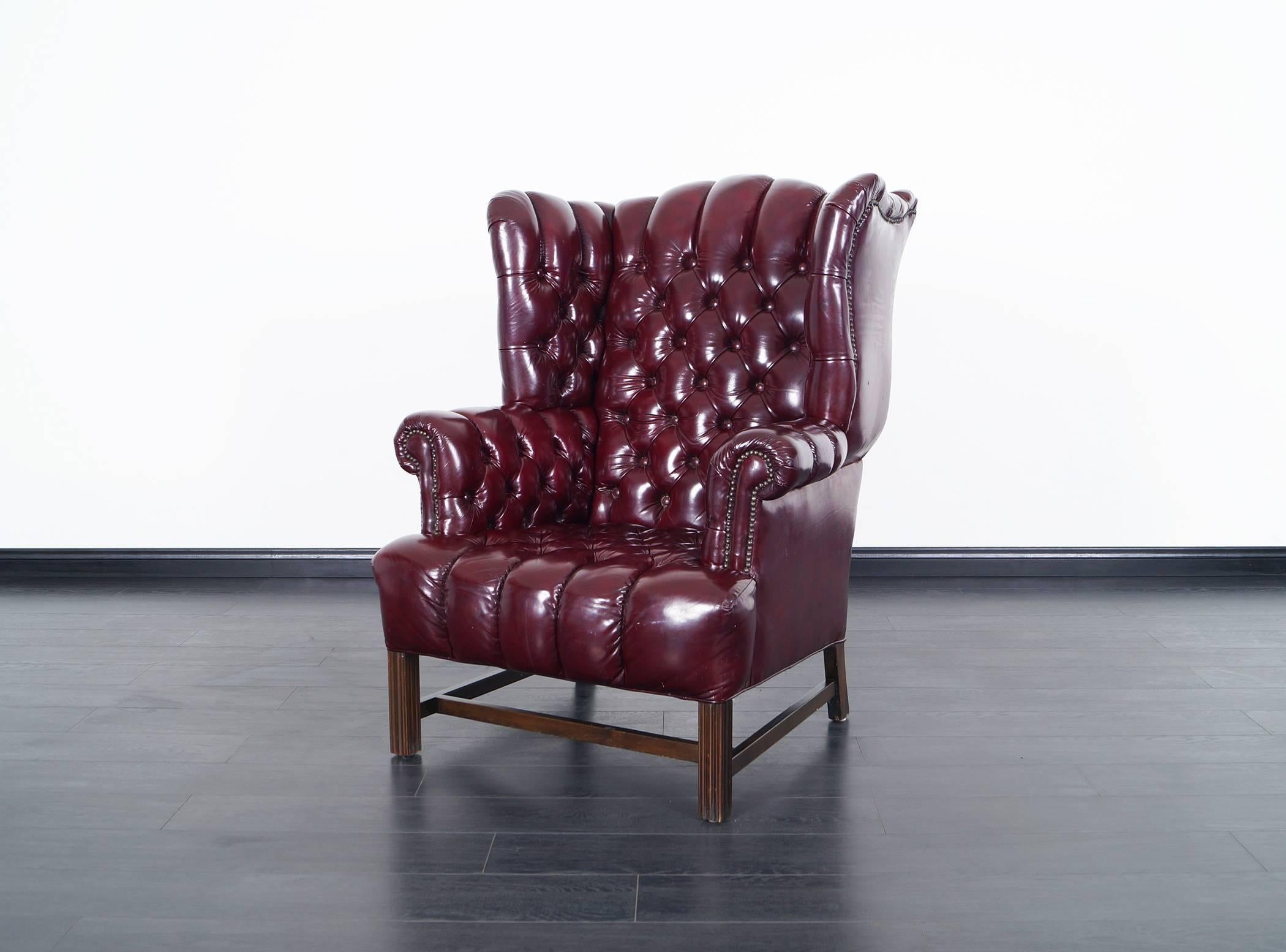 Vintage Leather Tufted Wingback Chairs In Excellent Condition In North Hollywood, CA