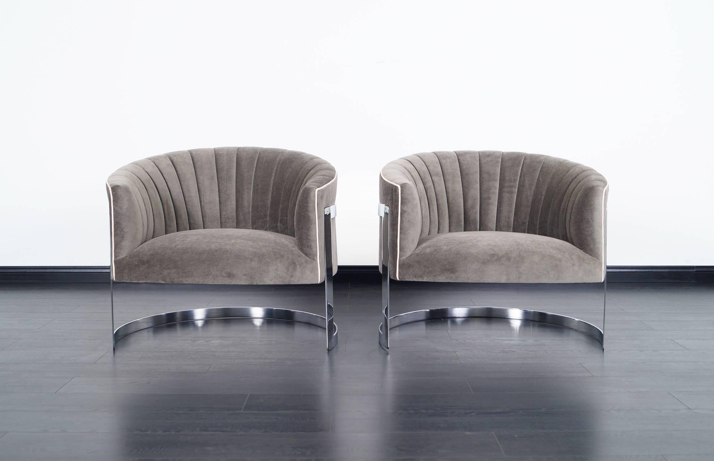 Pair of fabulous vintage "Barrel" Lounge chairs in the style of Milo Baughman for Thayer Coggin. Newly reupholstered in mohair with a channel back design.