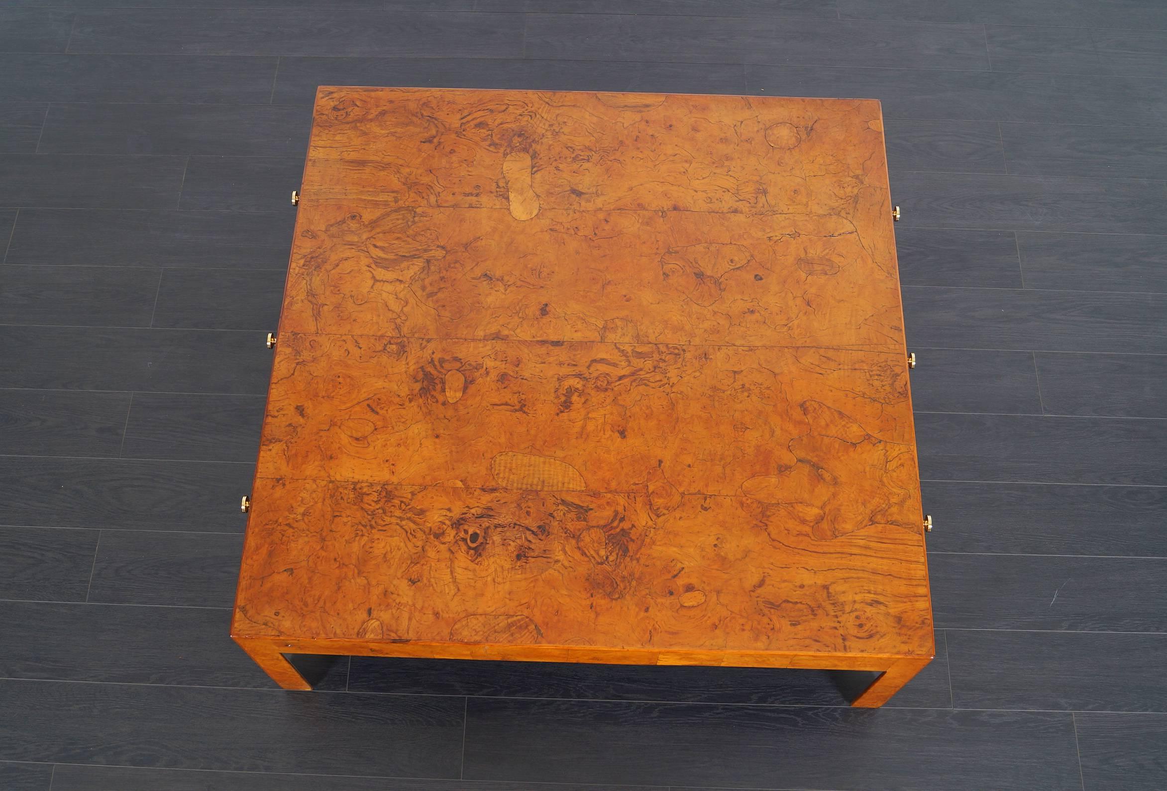 Brass Vintage Italian Burl Wood Coffee Table by Cannell & Chaffin